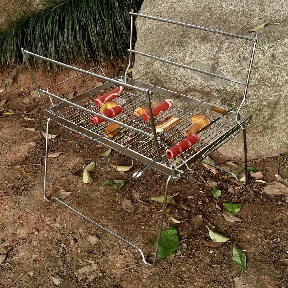 Griglia per barbecue pieghevole Barbecue da campeggio Griglia staccabile Fornello per brasero a carbone Bruciatore per griglia a legna portatile all'aperto in acciaio inossidabile