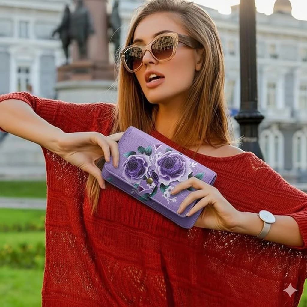 Elegant Floral PU Leather Clutch Wallets for Women- Zipper Handbag Fashion Large Capacity Long Wallet Clutch Bag Phone Bag Multi-card Card Holder Coin Purse for Women Wallet Set Includes bow accessory