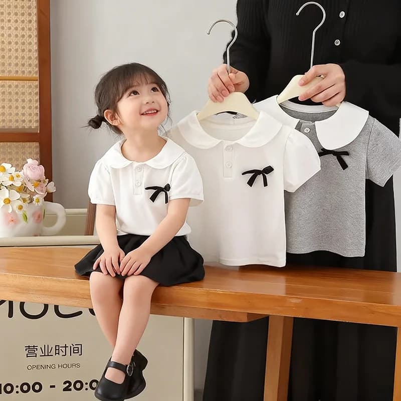 Girls' Baby T-Shirt Children's Casual Short-Sleeved Top Summer Bow-Tie Sweet Blouse Kids New Fashion Loose Pullover 2-8 Years