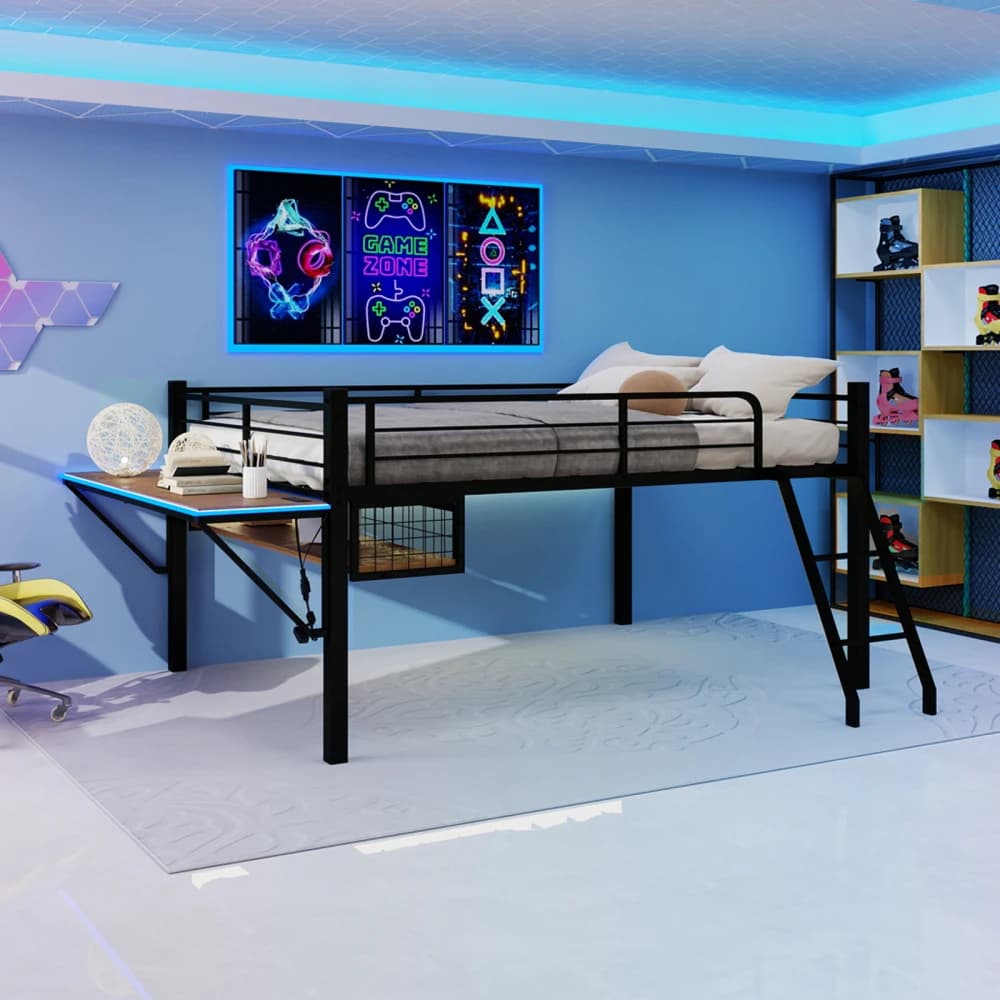 FULL Size Metal Loft Bed with Built-in Desk & LED Light Strip, Black Loft Bed Frame with Safety Guardrails, Inclined Ladder & Under-bed Storage Space, No Box Spring Needed for Kids/Teens Bedroom,Black