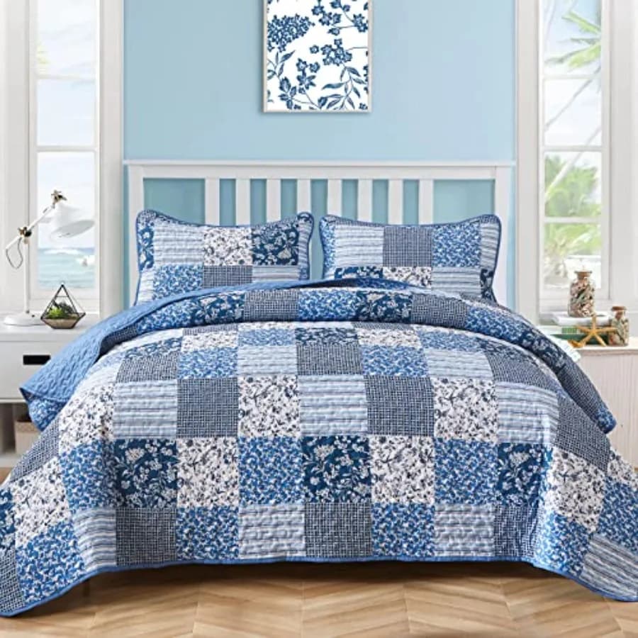 Set Copriletto Boho 3 Pezzi, Trapuntato Floreale a Quadri, per Tutte le Stagioni, Reversibile, 90"x104