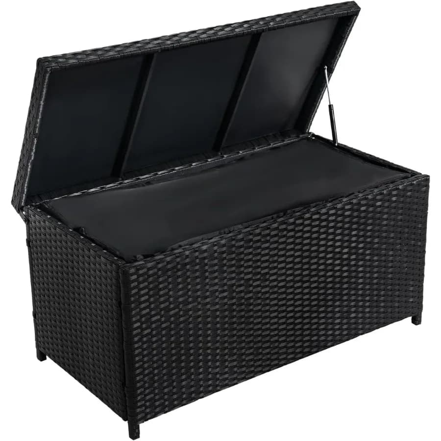 Outdoor rattan deck storage box with hinged lid, natural brown, weather-resistant and spacious for patio essentials