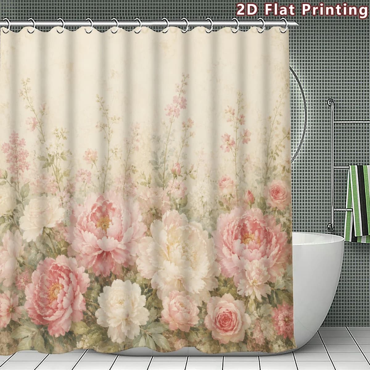 Romantic Floral Peony Shower Curtain Waterproof Botanical Pink Bathroom Decor Shower Curtain Liner Luxury Home Decoration