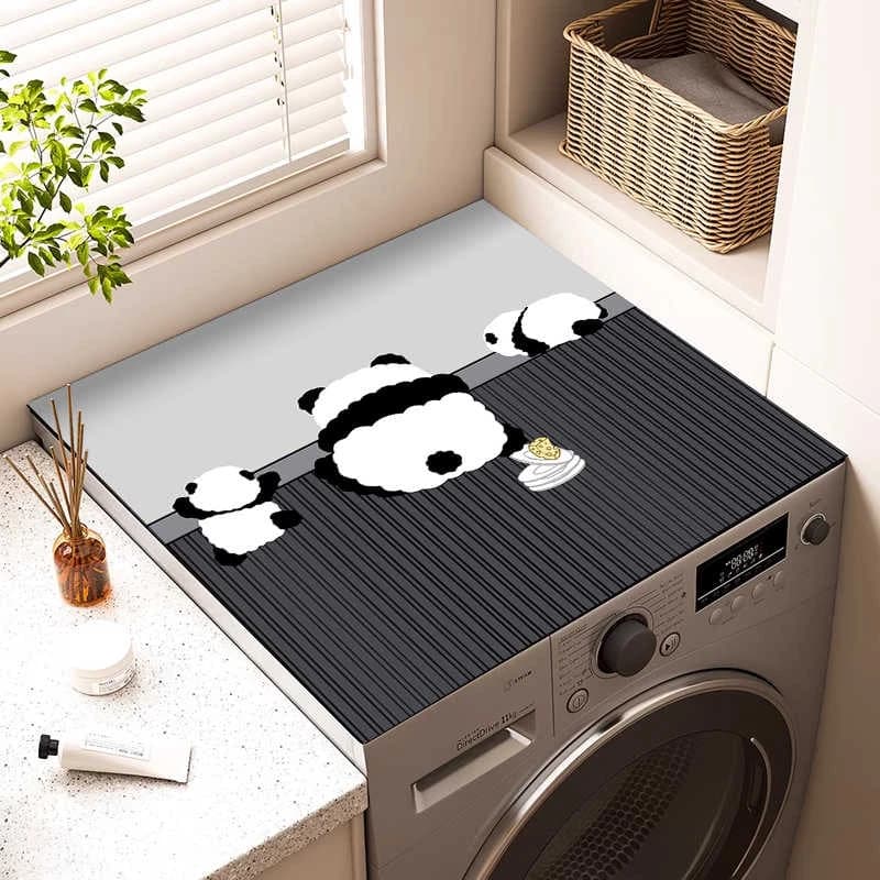 VIKAMA Black Stripe Grey Splicing Panda Pattern Washer Dryer Top Pad Water Resistant Anti Slip Laundry Room Decor Mat
