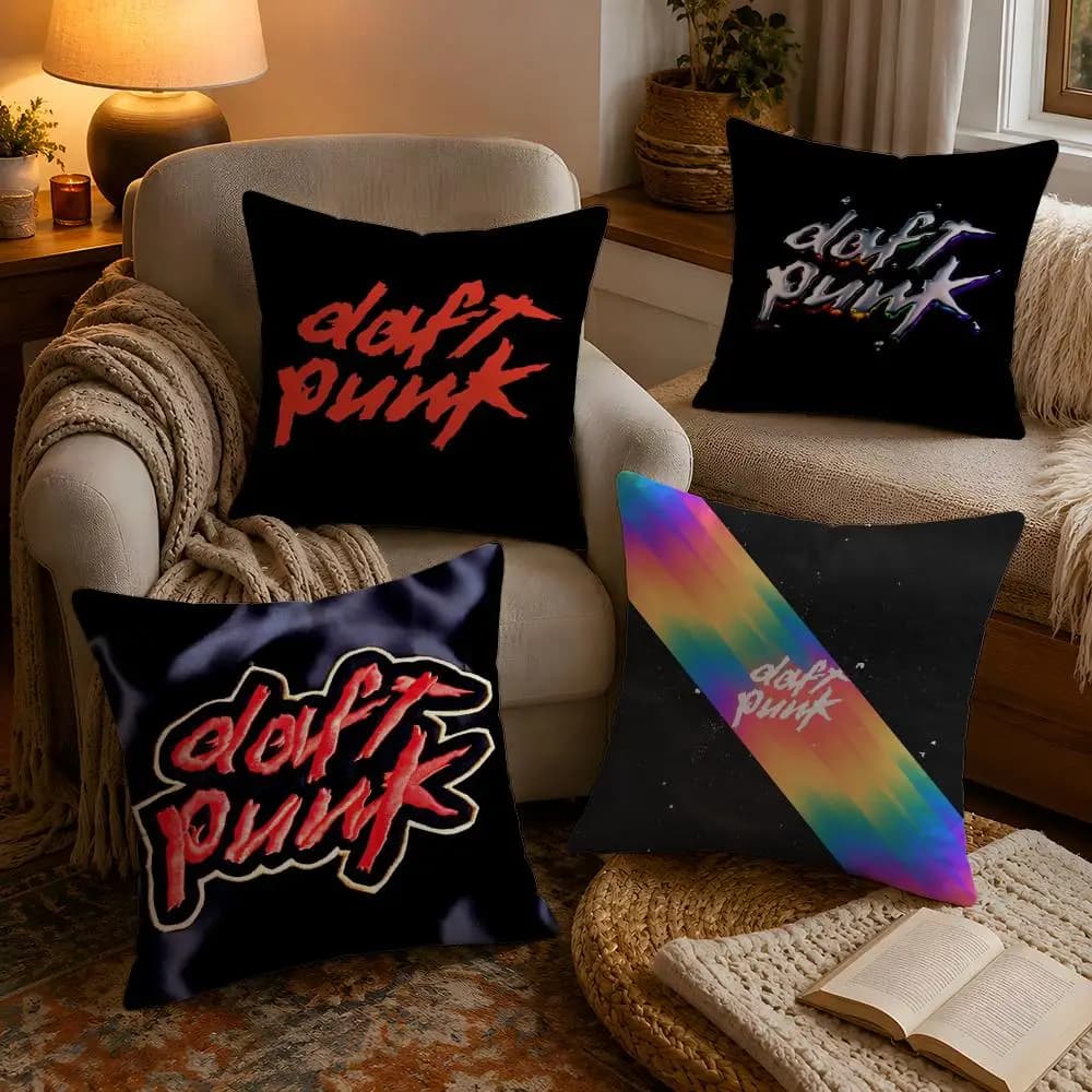 Fashion Rock Band D-Daft punk Pillow Case Soft Plush Cushion Cover Double Print and Invisible Zipper for Sofa Home Car Use