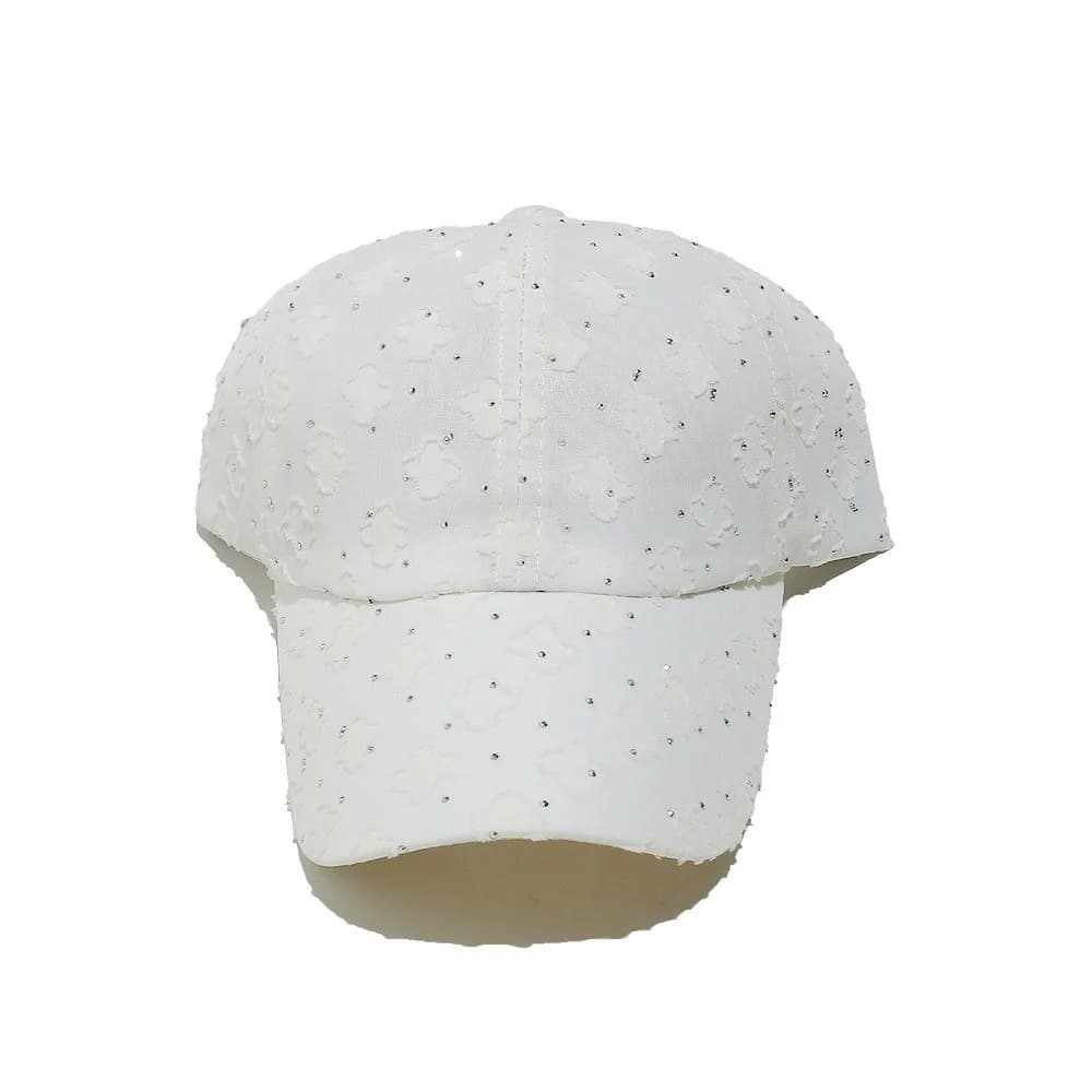 Flower Lace Baseball Cap Breathable Mesh Shiny Rhinestone Lace Peaked Cap Soft Fabric Hollow Out Visor Hat Beach Vacation