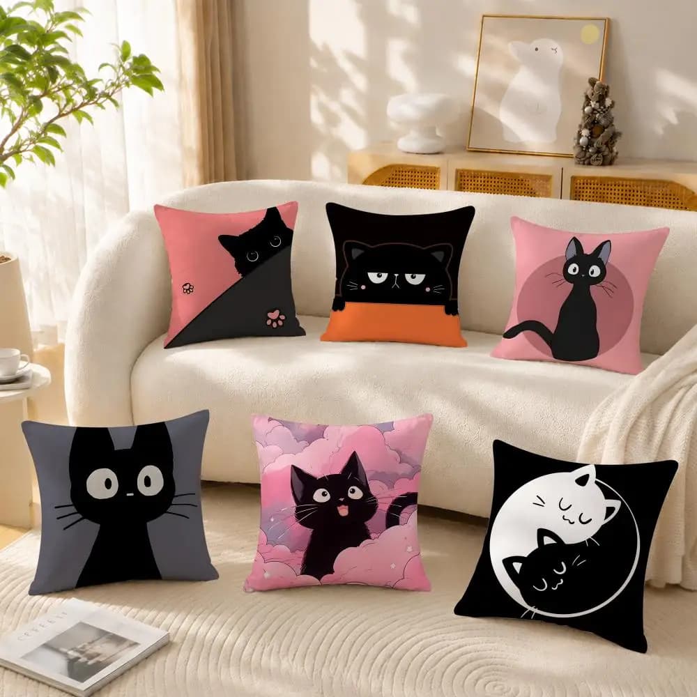New Little Black Cat Cute Couple Cushion Cover Anti-dustmite Pillowcase Invisible zipper silky short plush Sofa cushion cover