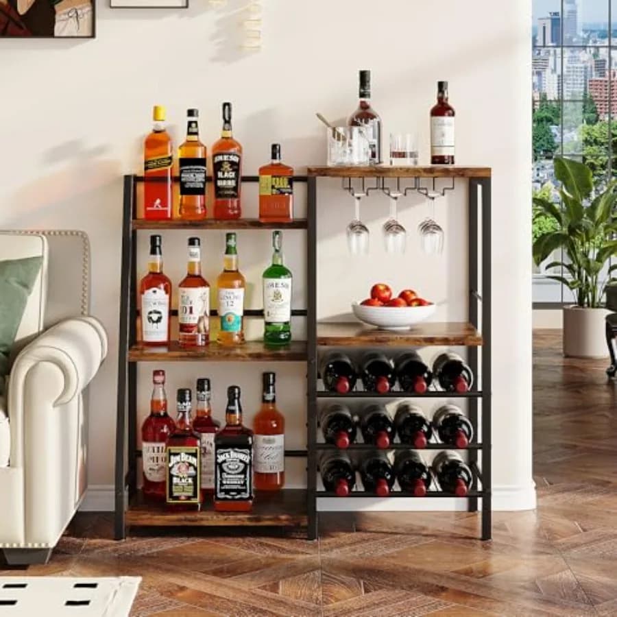 Mobile Bar per Casa, Cantinetta Vini a 3 Ripiani Autoportante con Portabicchieri e Sponde, Espositore Trapezoidale per Bottiglie di Liquore