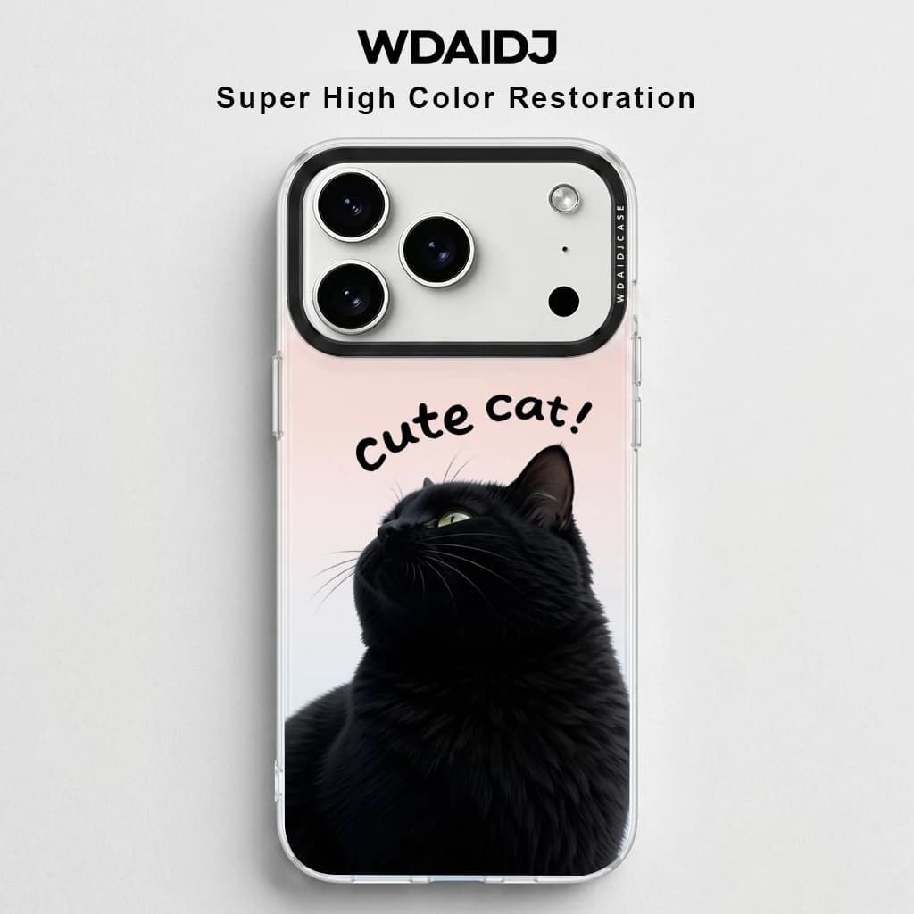 Custodia per iPhone 17 16 15 14 13 con stampa di gatto nero carino e scritta a mano 'cute cat', cover trasparente anti-caduta con sfumatura rosa tenue