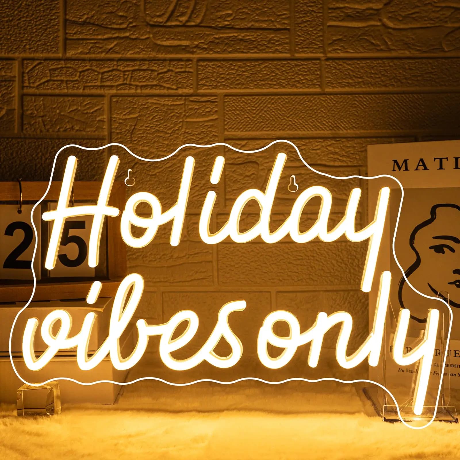 Insegna al neon Holiday Vibes Only - Decorazione da parete festosa a LED natalizia, decorazioni per la casa, con luminosità regolabile, design festivo allegro