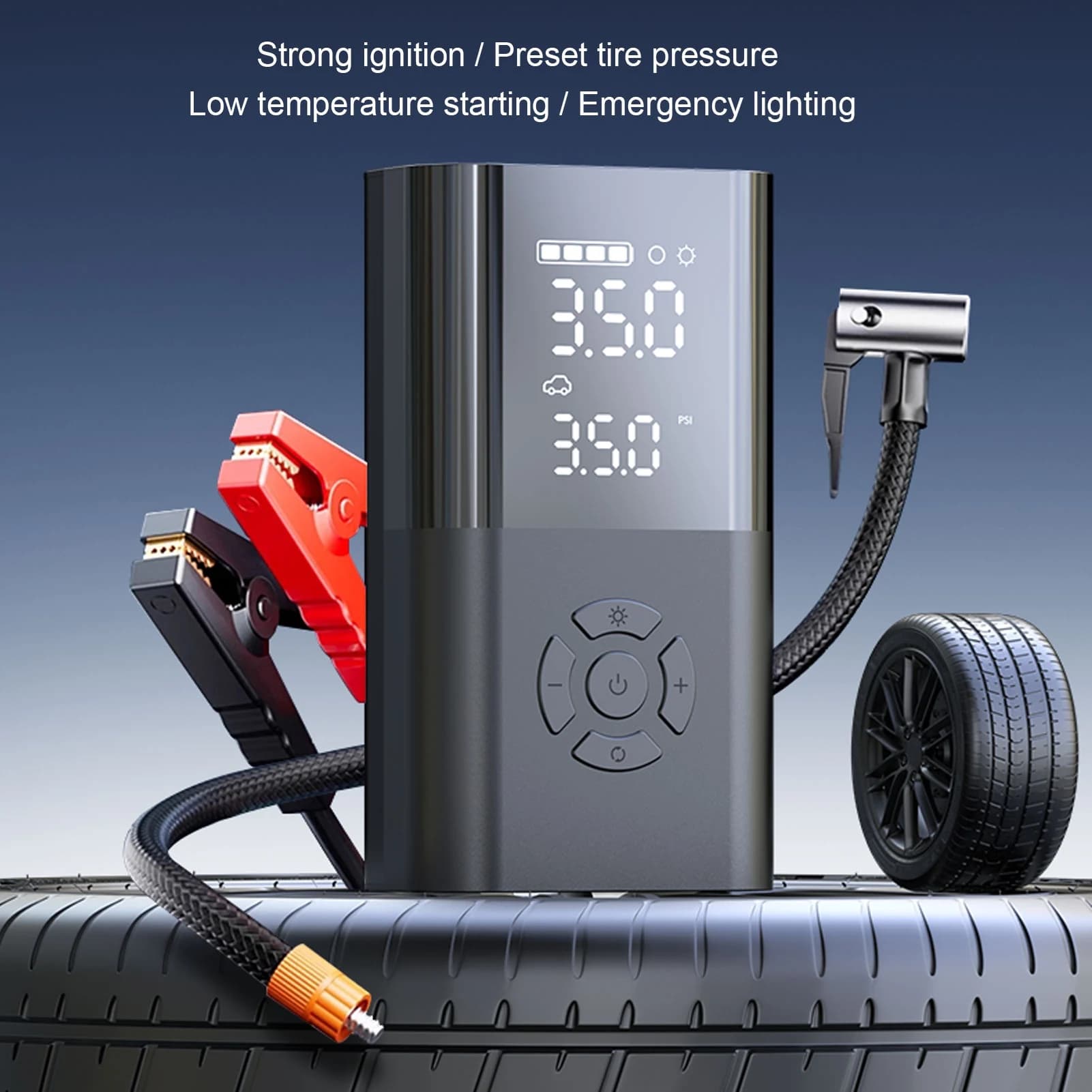Portable Tire Inflator 5 to 150PSI LCD Display Electric Car Tire Pump with Emergency Starter Digital Pressure Meter Air Pump