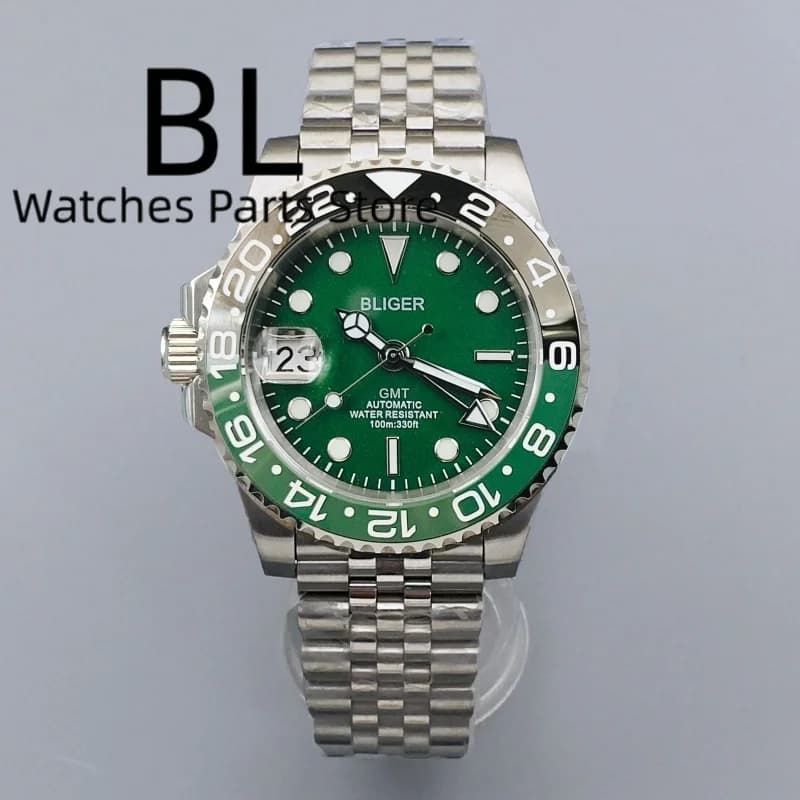 BLIGER 40mm Corona Sinistra NH34 GMT Orologio Da Uomo Nero Verde Inserto In Ceramica Quadrante Verde Vetro Zaffiro 100M Impermeabile Reloj Hombre