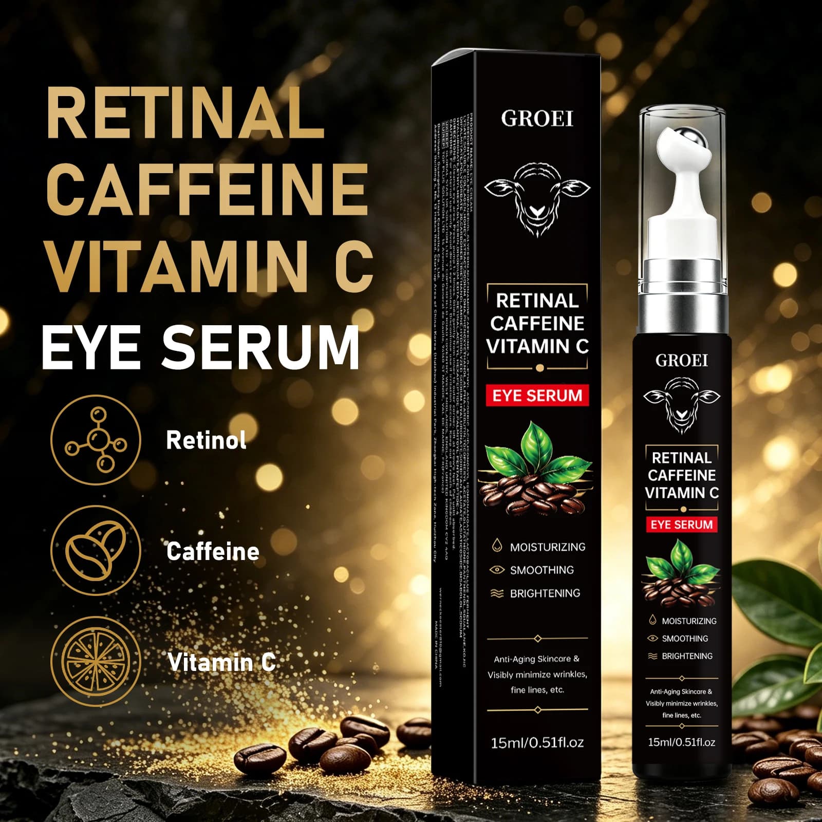 GROEI Retinol Caffeine Roller Eye Serum 15ml – Vitamin C, Fade Dark Circles and Fine Lines