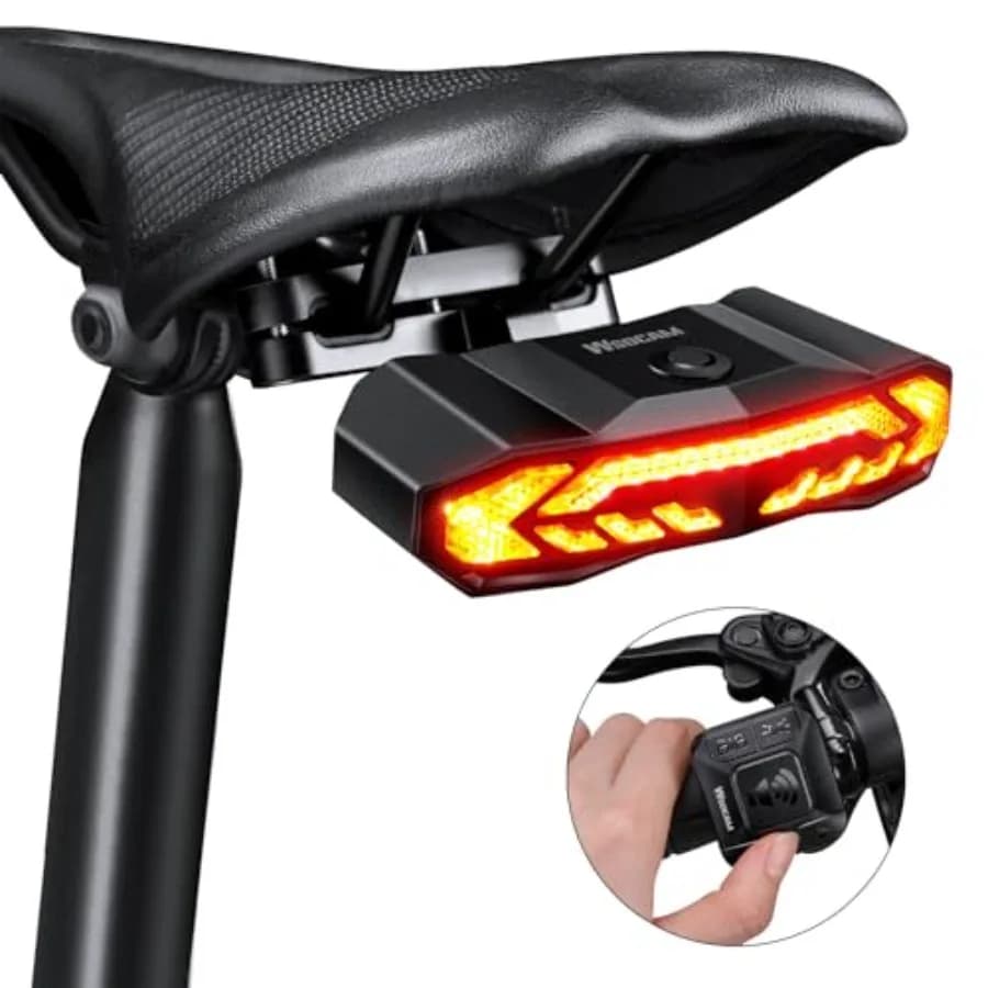 Luce Posteriore Intelligente per Sella/Borsa Bici con Indicatori di Direzione e Luce Freno, Allarme Bici con Telecomando, Luce Posteriore Ricaricabile per Bicicletta