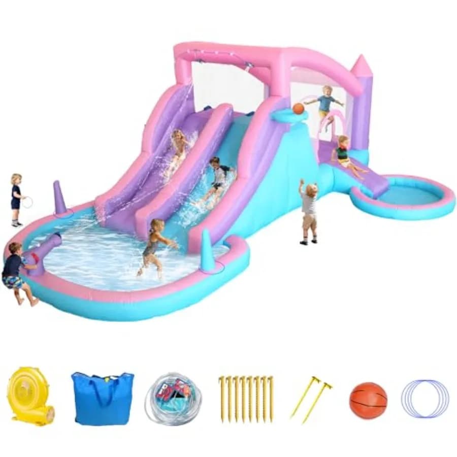 Scivolo Acquatico Gonfiabile 9-in-1 con 3 Scivoli, Piscina Splash, Cannone ad Acqua, Piscina di Palline, Canestro da Basket, Soffiatore da 520W, 197x148x75 Pollici