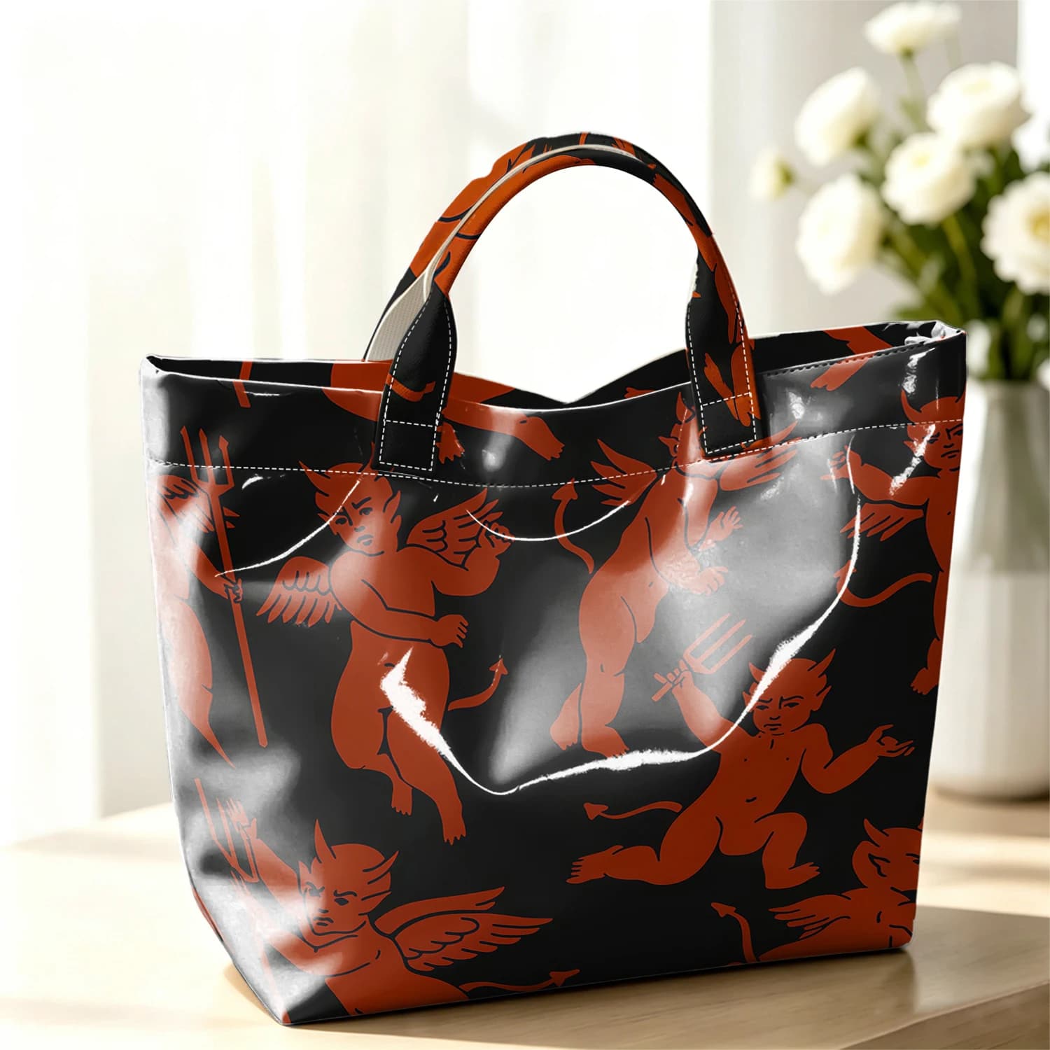 Devil Cherubs Stylish Large Glossy PVC Tote Bag Washable Waterproof Durable Ideal for Travel Commute Cosmetics Books Handbags