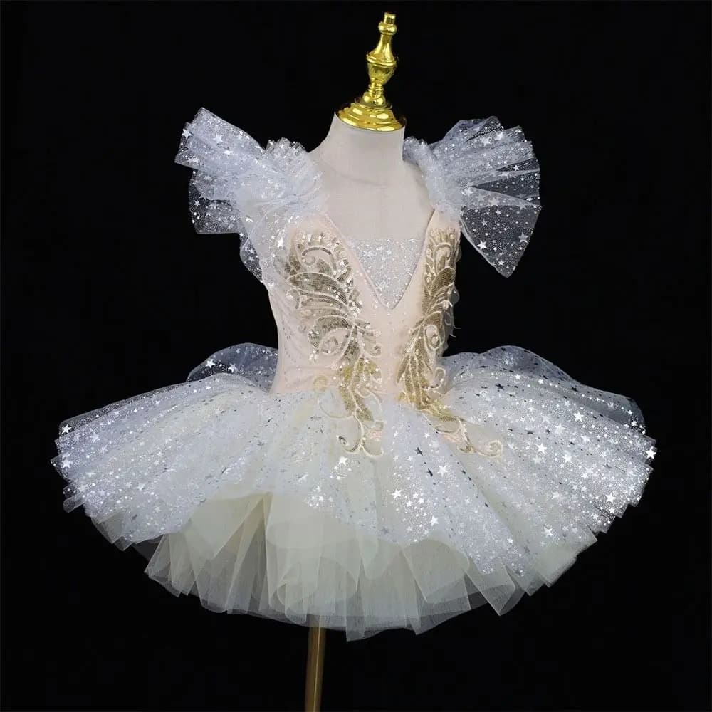 Fashion Sequin Ballet Dress White Champagne Performance Clothes Modern Party Dress Ballet Tutu Girls