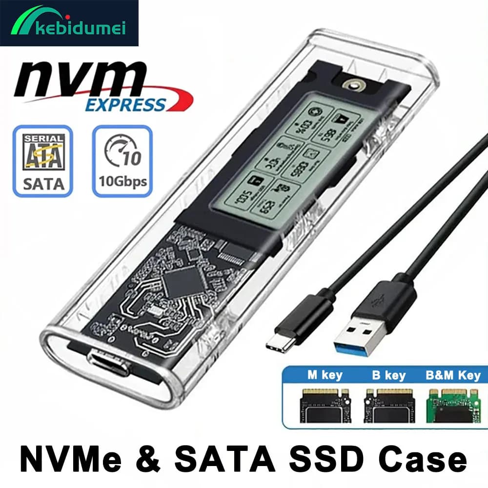 Kebidumei M2 SSD Custodia NVME SATA SSD Custodia Strumento gratuito 10 Gbps USB 3.2 Gen2 Display digitale intelligente Adattatore SSD M.2 esterno