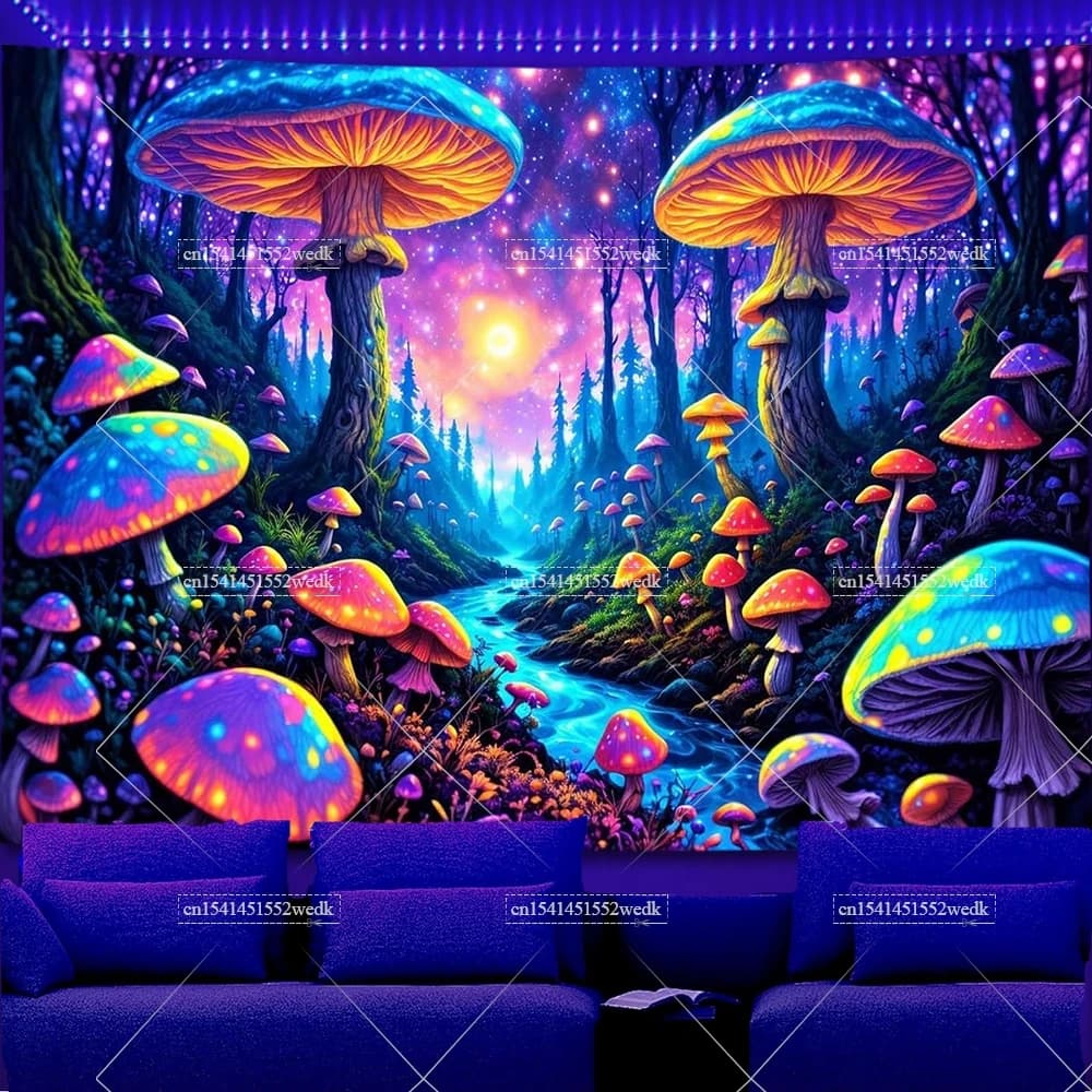 Fungo Foresta Luce Nera Arazzo Reattivo UV Incandescente Pianta Paesaggio Luce Nera Arazzi Estetici Wall Art Neon Fondali