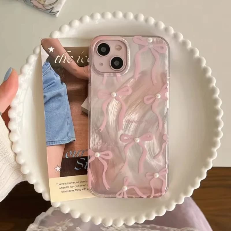 Corea Laser 3D Rosa Fiocco Perline Cassa Del Telefono per iPhone 16 15 14 13 16 Pro Max Floreale Shell Ragazza Trasparente Morbido Silicone Della Copertura Posteriore