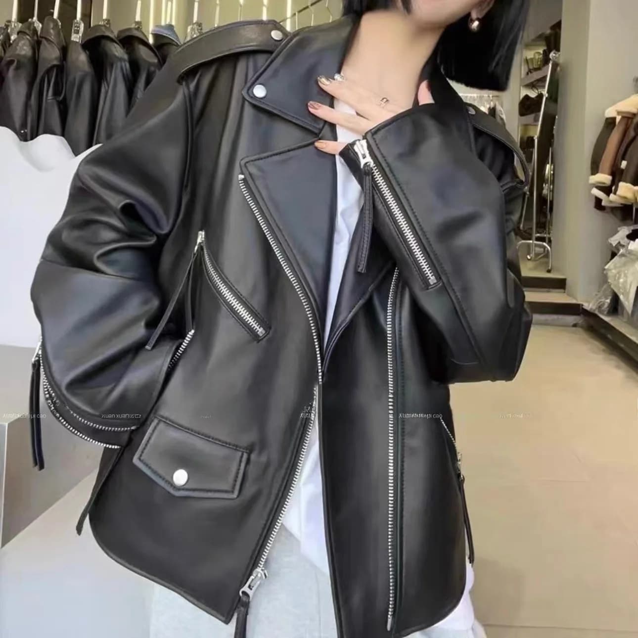 Giacca da Moto in Vera Pelle di Pecora per Donna, Stile Casual Lungo e Sottile, Trendy Street Style con Cerniera sulle Maniche