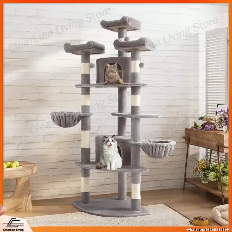 Tiragraffi Angolare a Forma di Ventaglio per Gatti, 185 cm di Altezza, Multilivello, Salvaspazio, con Cucce e Posatoi