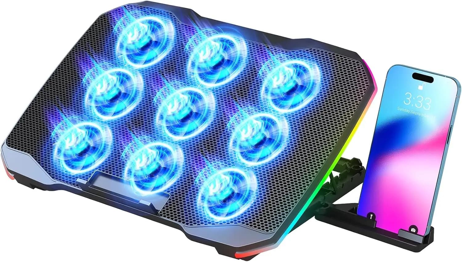 Base di Raffreddamento per Laptop da Gaming con 9 Ventole Silenziose, Supporto Regolabile per 12-17 Pollici, Porte USB e Porta Telefono