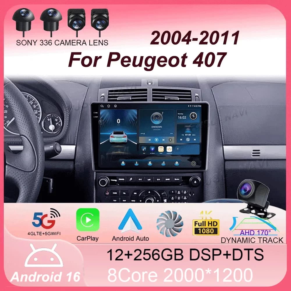 Autoradio Android 16 Carplay Auto for Peugeot 407 1 2004-2011 Multimedia Reader Video Monitor GPS Navigation Stereo BT