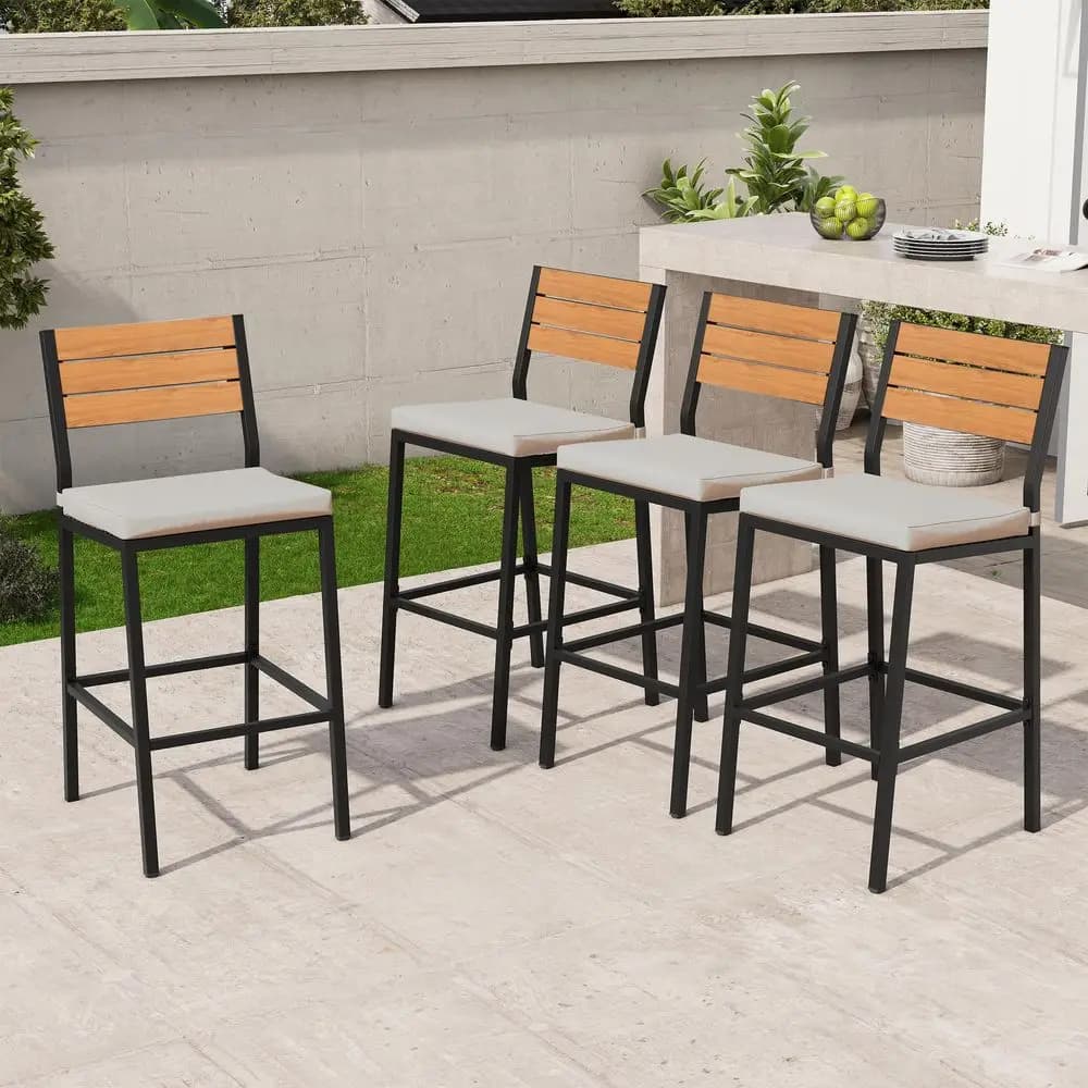 Outdoor Bar Stools Set of 4, Patio Counter Height Barstools with Cushions, Tall Chairs with Back and Footrest for Deck, Lawn, G
