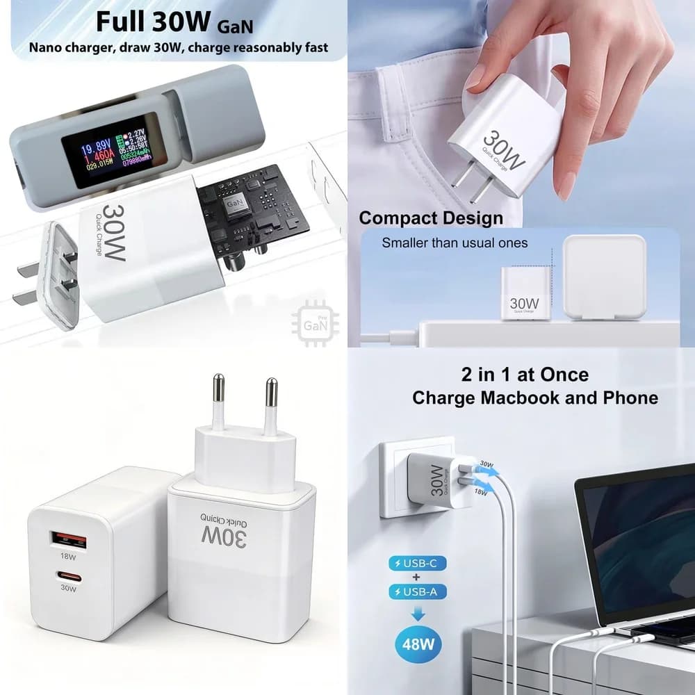 30W USB C Charger PD QC 3.0 Fast Charging Dual Port Wall Adapter Type C USB A Quick Charge for iPhone Samsung Xiaomi iPad EU US