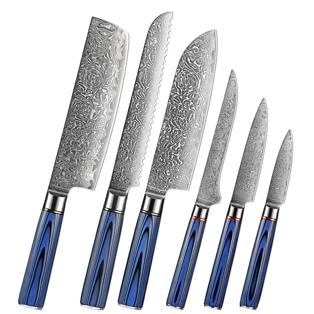 Set di 1-6 Coltelli da Cucina in Acciaio Damascato con Motivo a Rosa: Santoku, Manioca, Paring, Pane, Disosso, Coltelli da Cucina con Manico Blu G10