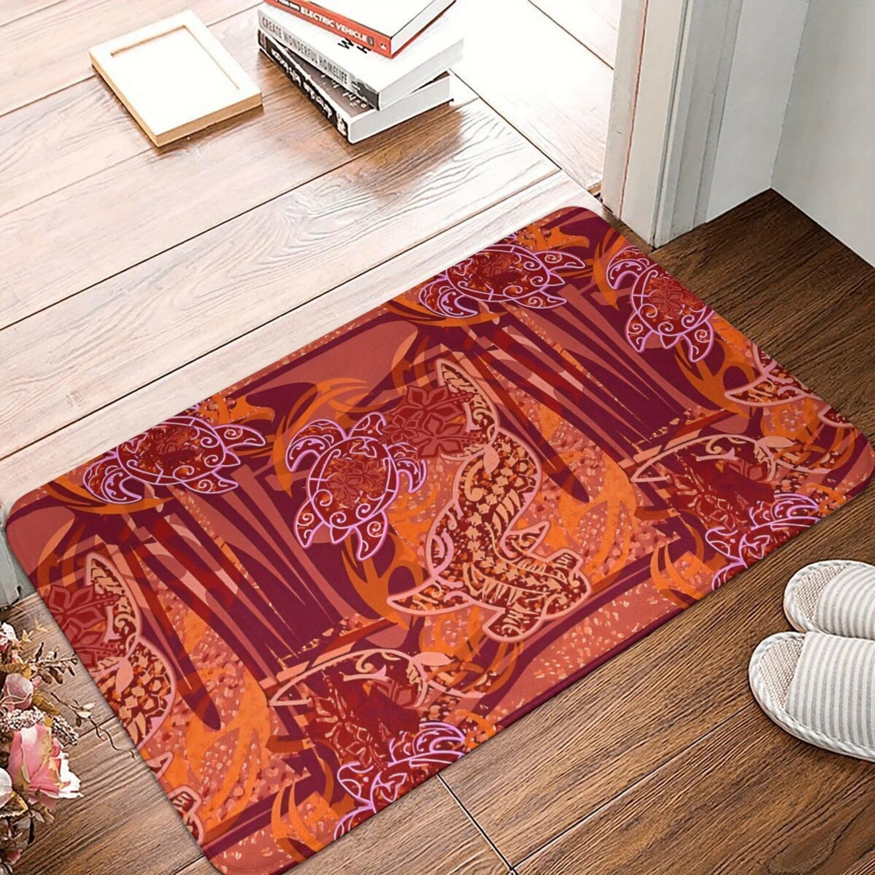 Bathroom mat with red Hawaiian tribal design with hammer and turtle, suitable for kitchen entrance as decorative carpet