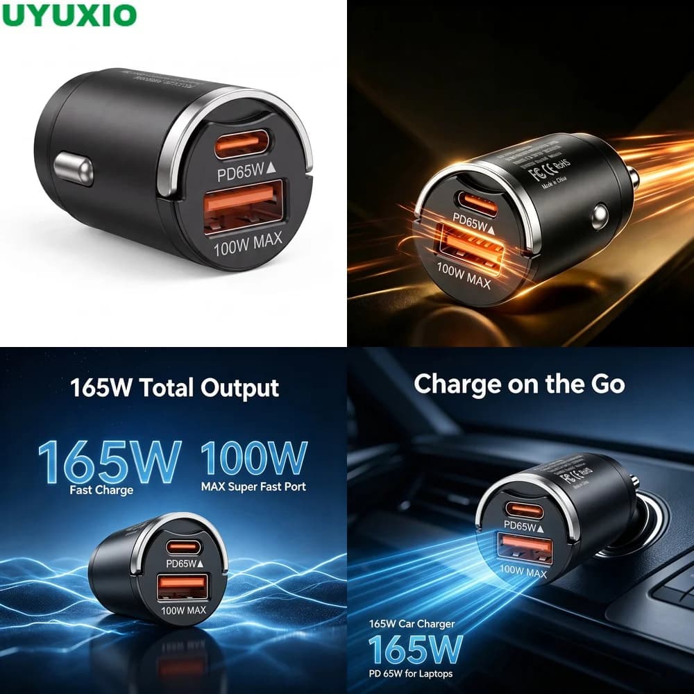 165W Travel Car Charger PD 65W USB C Plus 100W USB A Fast Charging for Multiple Mobile Devices Compact Zinc Alloy Metal Body