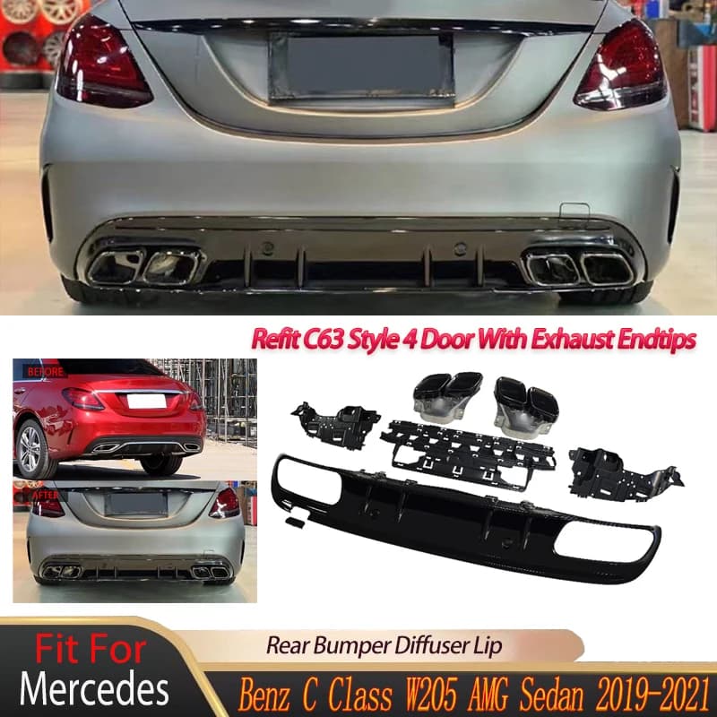 Rear bumper diffuser lip for Mercedes Benz Class C W205 AMG Berlina 2019-2021 Refit C63 Style 4 doors with body kit exhaust tips