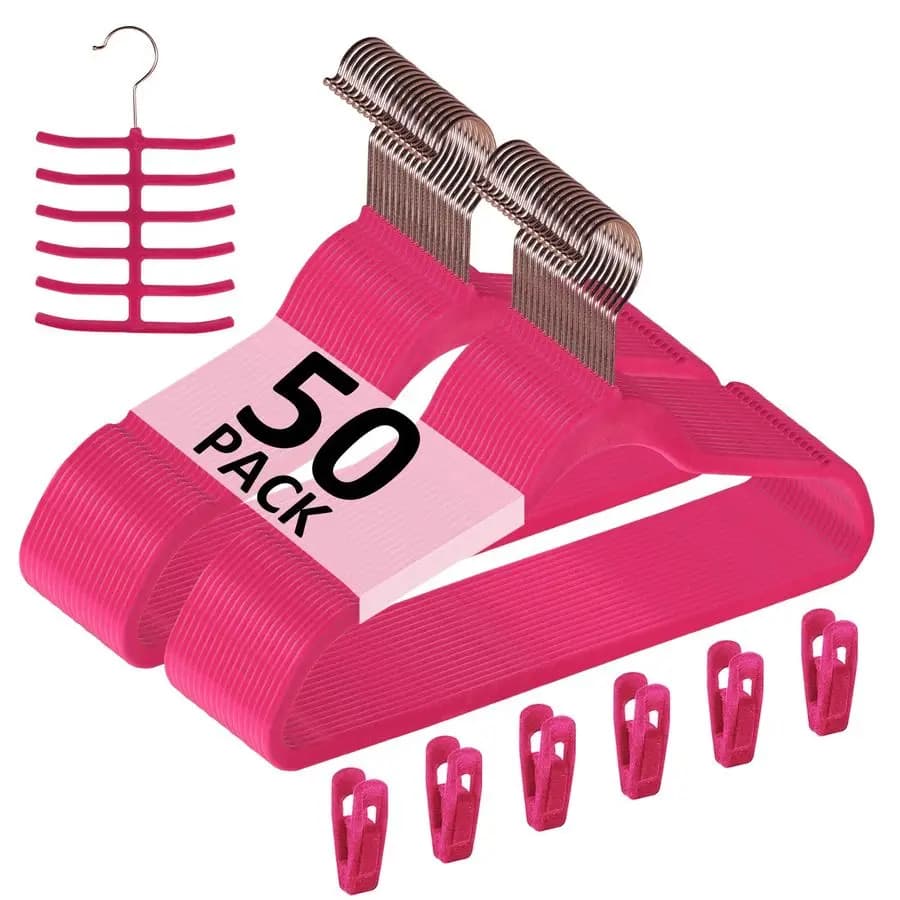 Premium velvet coat hanger, durable, 50 pack, anti-slip and space saving, with 6 finger clips and tie hook, excellent for me.