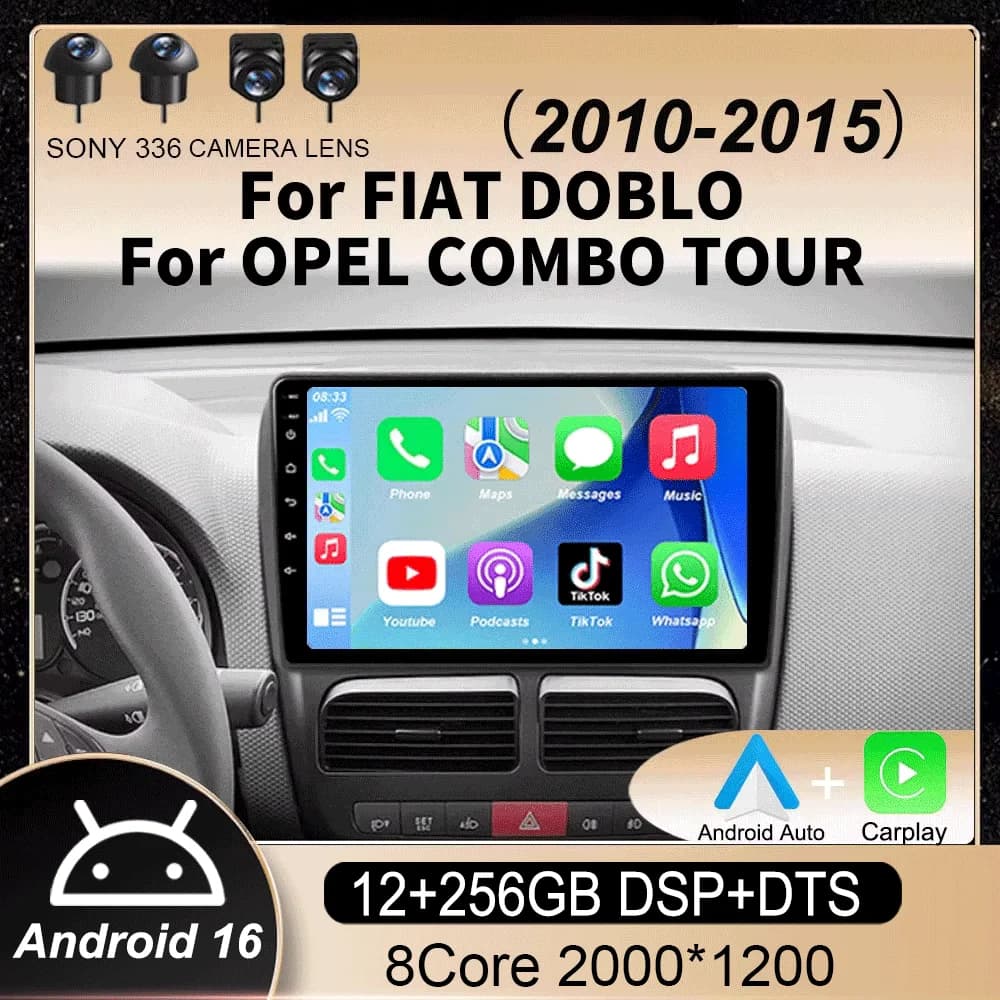 Autoradio Android 16 per FIAT DOBLO e OPEL COMBO TOUR 2010-2015, Navigatore GPS QLED, Carplay, Lettore Multimediale Stereo Auto, Bluetooth