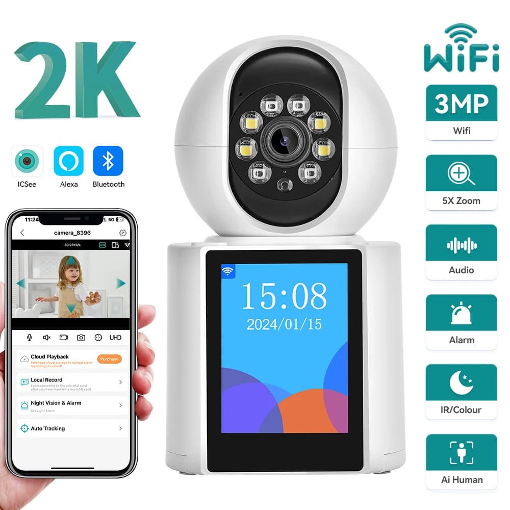 Telecamera Wi-Fi 3MP, baby monitor con schermo da 2,8 pollici, audio bidirezionale, videochiamata, PTZ, telecamera IP Wi-Fi, ICSEE, telecamera di sicurezza smart per la casa.