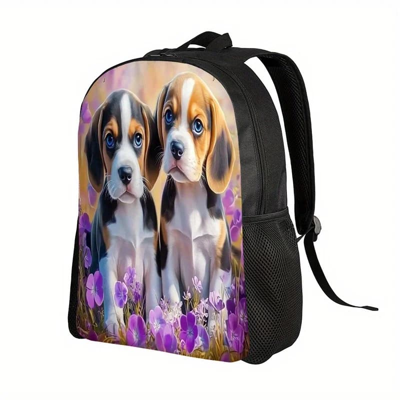 Backpack with floral pattern for Beagle puppies - Nice school bag with Beagle print, adjustable shoulder strap, zip closure