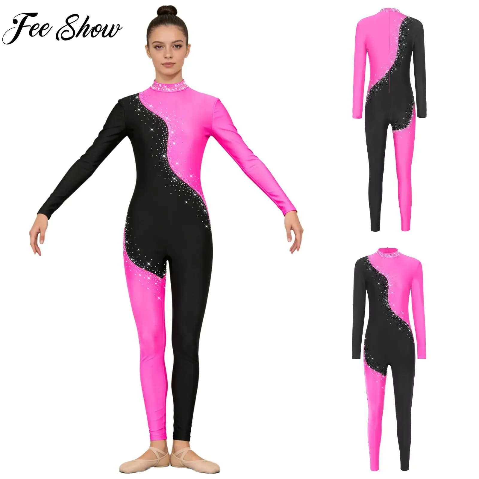 Tuta Ginnastica Donna Adulta con Strass, Maniche Lunghe, Colori a Blocchi, Body Intero per Danza Classica e Pattinaggio Artistico