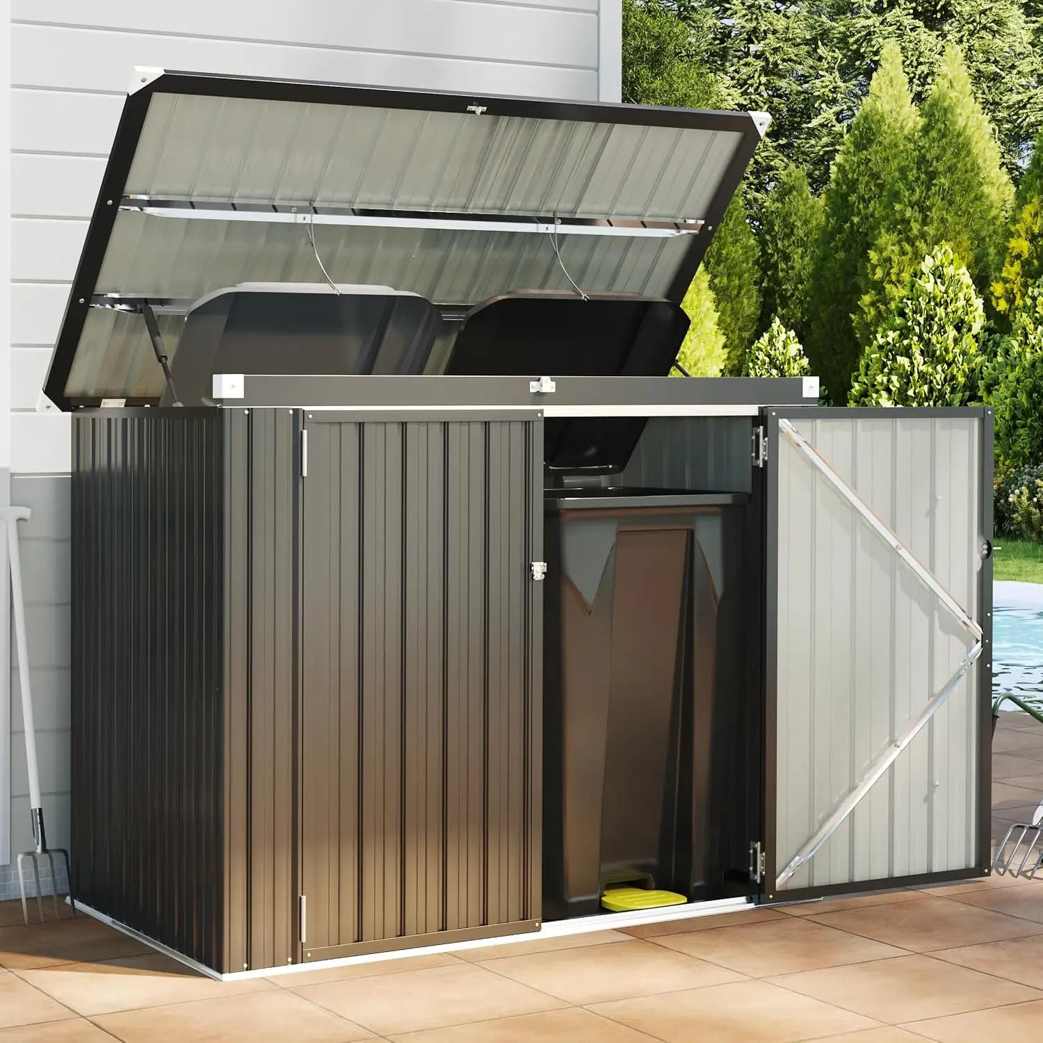 Outdoor Trash Can Storage Shed Waterproof Metal Garbage Can Organizer With Chain Lid Storage Box Cabinet For Backyard Garden Patio Tools