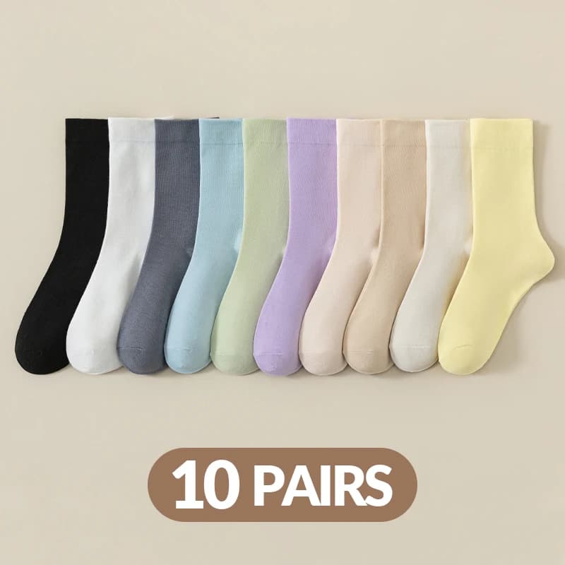 10 Pairs of Women's Four Season Spring Autumn Solid Color Simple College Style Fashionable Versatile Breathable Mid Tube Socks