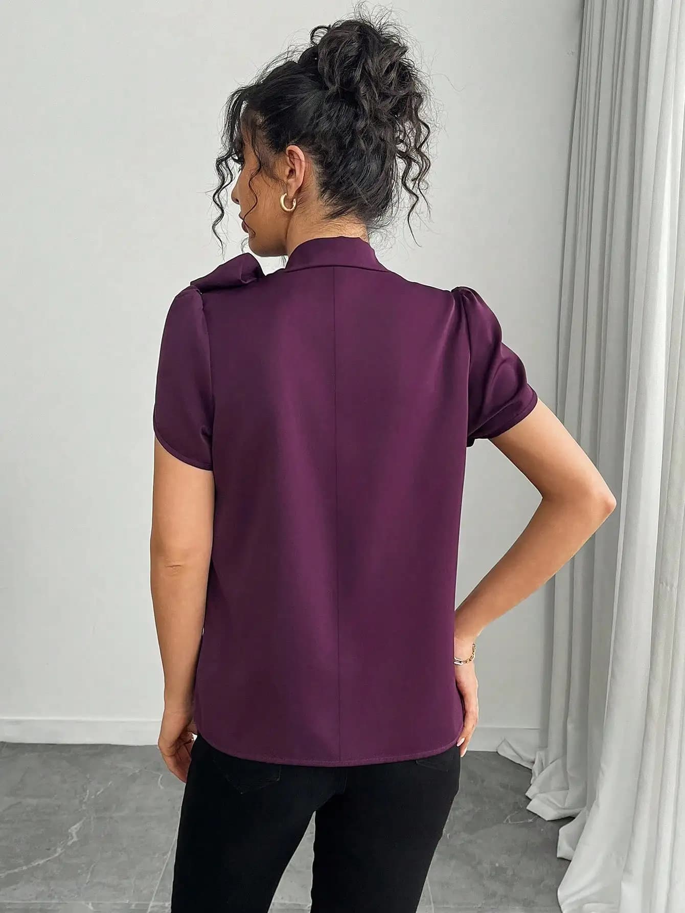 Women's Spring Summer Casual Solid Color Bowknot Flare Sleeve Blouse