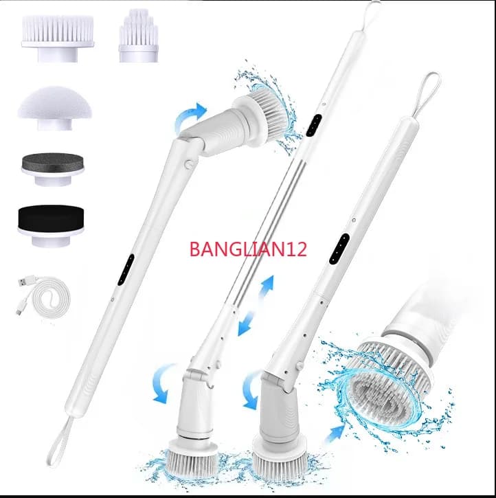Spazzola elettrica per la pulizia con angolo regolabile, multifunzionale, per uso domestico, con manico lungo retrattile, per cucina, bagno e WC.