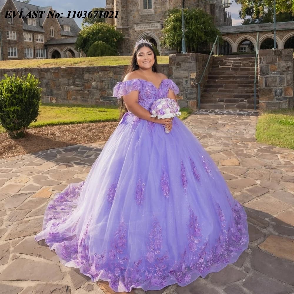 EVLAST Viola Lilla Abito Quinceanera Abito di Sfera Applique di Pizzo In Rilievo Messico Corsetto Dolce 16 Abiti Da 15 Anos Personalizzato SQ783