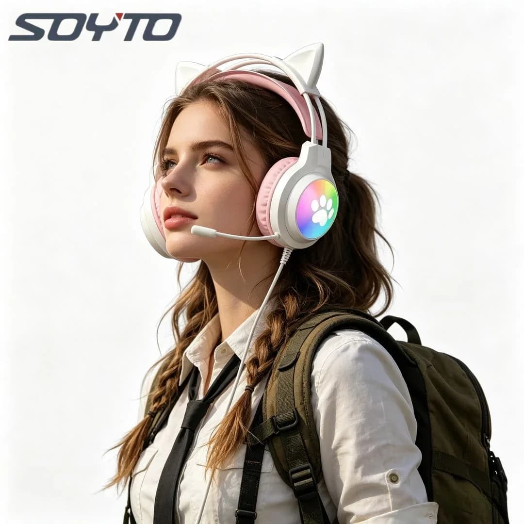 Cuffie Gaming Cablate SOYTO con Orecchie di Gatto e Luci LED per Ragazze, Bassi Profondi, Cancellazione del Rumore, per PC, Streaming e Studio, 4 Colori