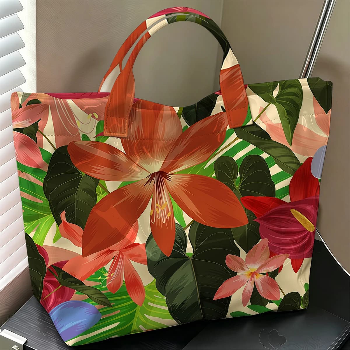 Tropical FloralS Hot Sale Large Glossy PVC Tote Bag Hand Washable Waterproof Great for Travel Commute Makeup Storage Handbags