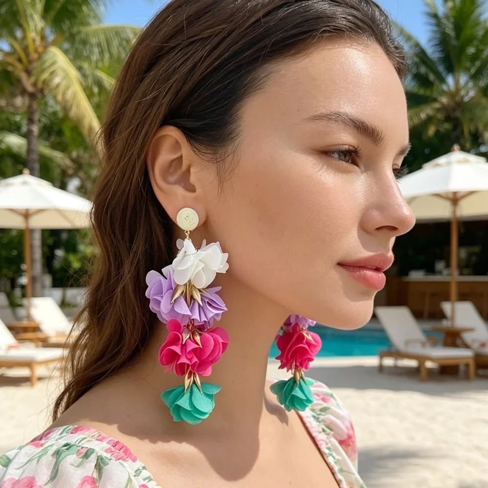 Layered Chiffon Fabric Flower Clip-On Earrings Petal Design Colorful Bohemian Tassel Ear Cuffs Long Muliticolor