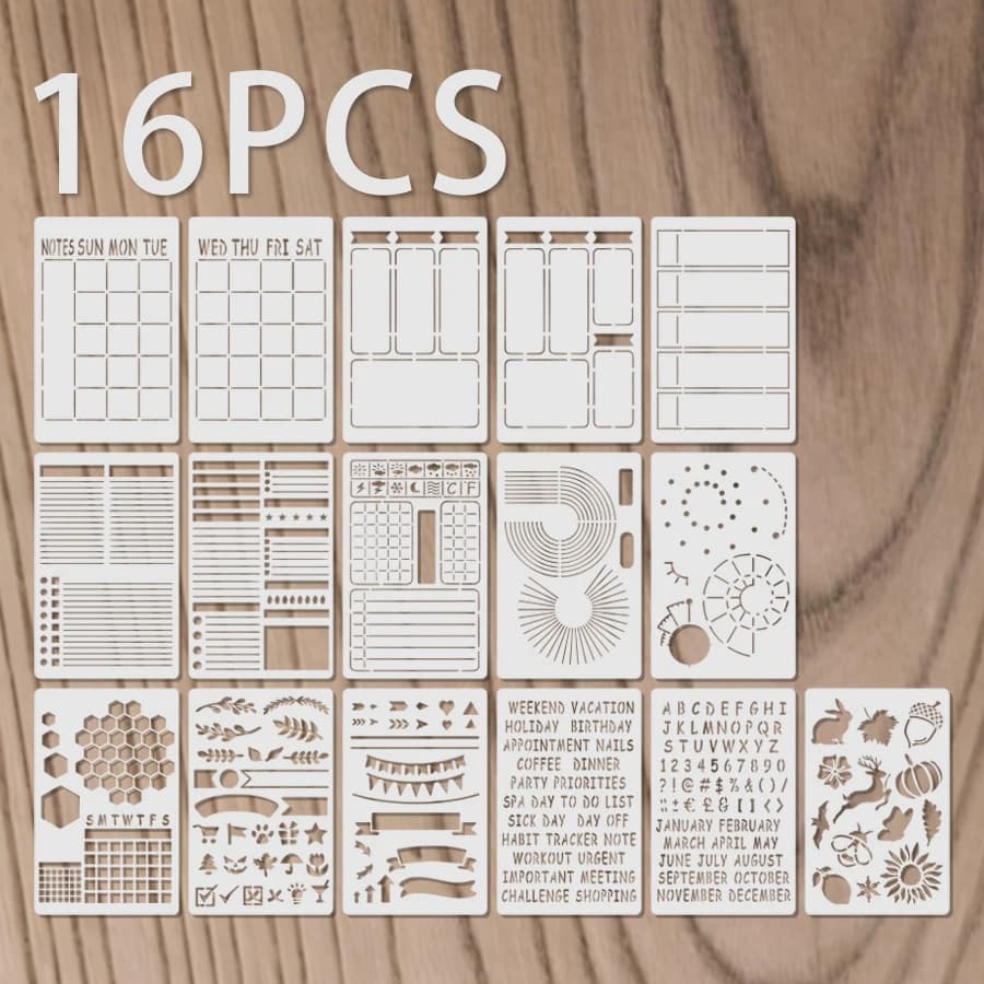 Set di 16 Stencil A5 per Diario, 7,4 x 4,9 Pollici, Modelli per Planner, Stencil per Disegno e Design Fai-da-Te per Quaderni