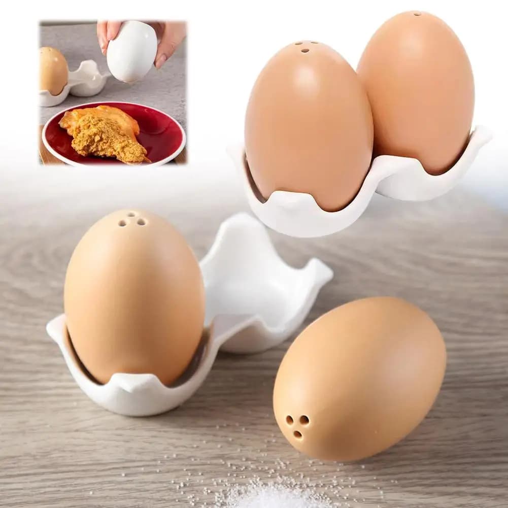 Creative Egg Shaped Ceramic Salt and Pepper Shakers Set Spice Jar Seasoning Bottle with Tray Holder Kitchen Table Decor