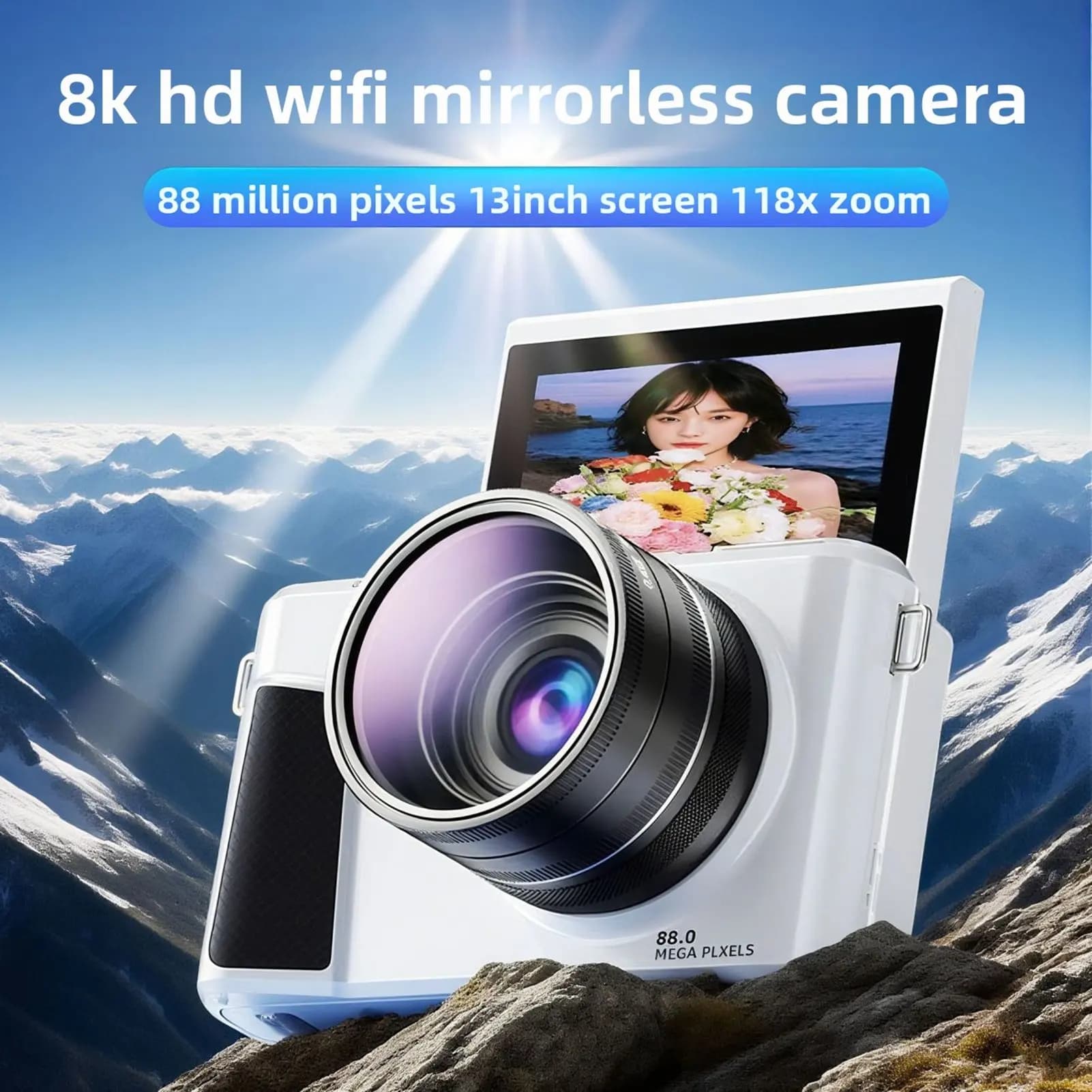 Fotocamera 88MP 8K Zoom 18X Messa a fuoco automatica da 3 pollici 180 ° Fotocamera mirrorless WiFi a doppia batteria con schermo ribaltabile con scheda di memoria da 32 GB con copriobiettivo